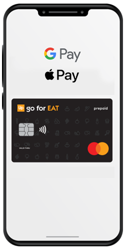 Κινητό με την GoForEAT κάρτα γεύματος και το σύμβολο Google Pay