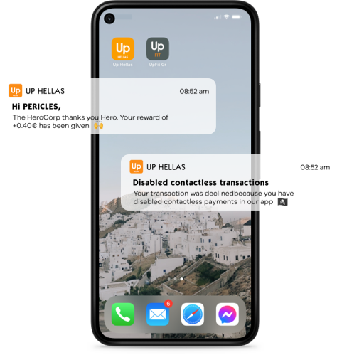 Mobile phone with Up Hellas app and notifications