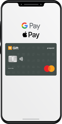 Κινητό με την Up Gift κάρτα δώρου και το σύμβολο Google Pay