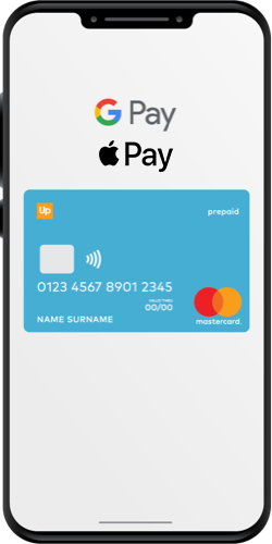 Κινητό με την Up Holidays κάρτα διακοπών και το σύμβολο Google Pay